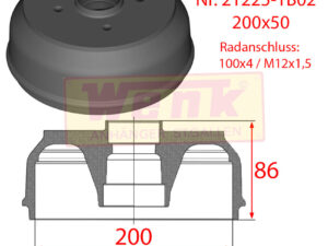 Bremstrommel KNOTT 200x50 H:86mm RA:100x4 M12x1.5
