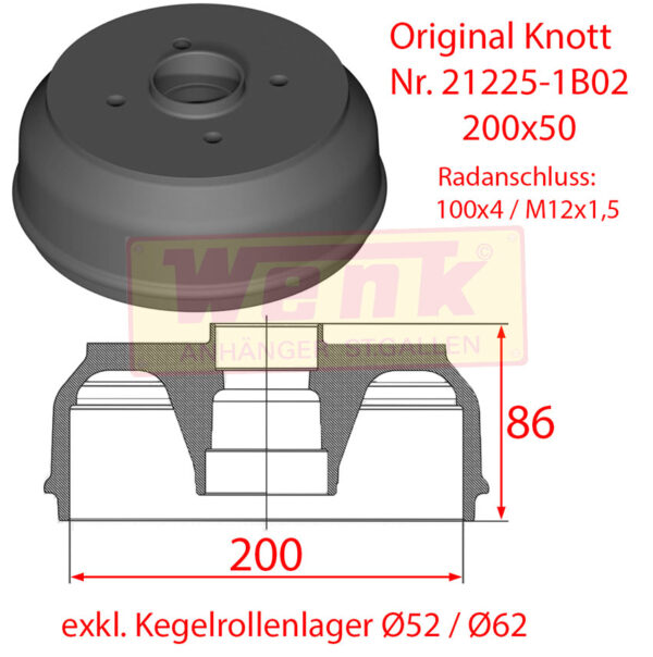 Bremstrommel KNOTT 200x50 H:86mm RA:100x4 M12x1.5