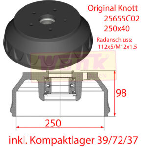 Bremstrommel KNOTT 250x40 H:98mm RA:112x5 M12x1.5