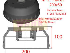 Bremstrommel KNOTT 200x50 H:100mm RA:112x5 M12x1.5