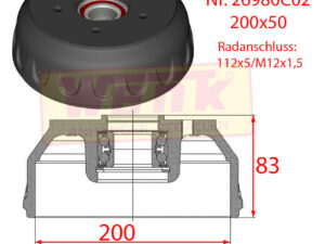 Bremstrommel KNOTT 200x50 H:83mm RA:112x5 M12x1.5
