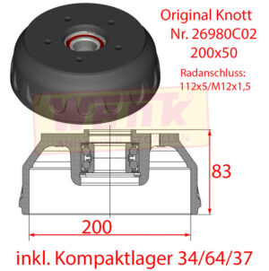 Bremstrommel KNOTT 200x50 H:83mm RA:112x5 M12x1.5