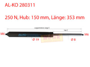 Gasfeder ALKO 250N M6 L:353 Hub:150