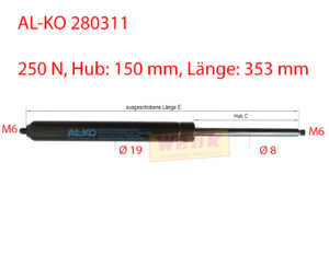Gasfeder ALKO 250N M6 L:353 Hub:150