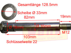 Lagerbolzen M12 D:12/16mm GL:128.5mm zuBPW Handbremshebel