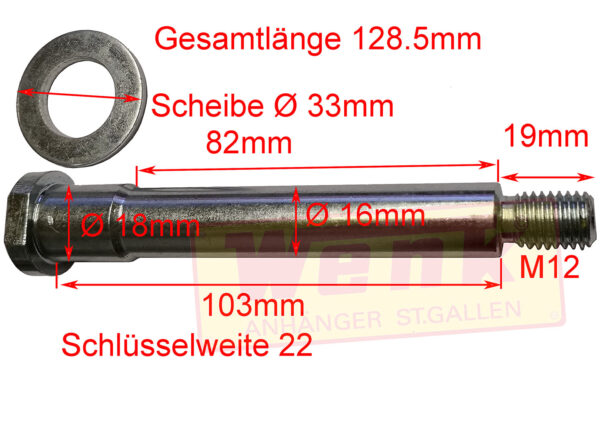 Lagerbolzen M12 D:12/16mm GL:128.5mm zuBPW Handbremshebel