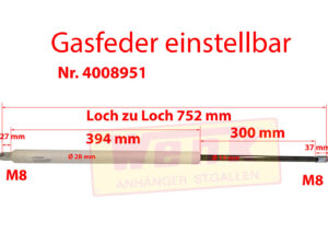 Gasfeder weiss Hub:300mm 900N-2500N einstellbar