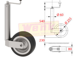 Stützrad 500kg D:60mm Hub:230mm 255x80/85 Vollgummirad