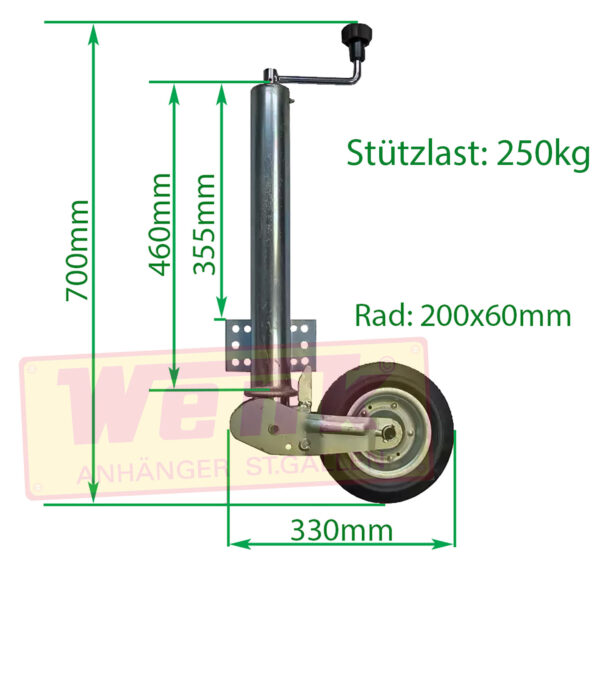 Stützrad Automatik RD:60mm Hub:300mm 250kg Stützlast