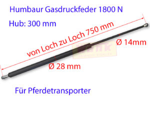 Gasfeder HUMBAUR 1800N L:750mm Hub:300mm