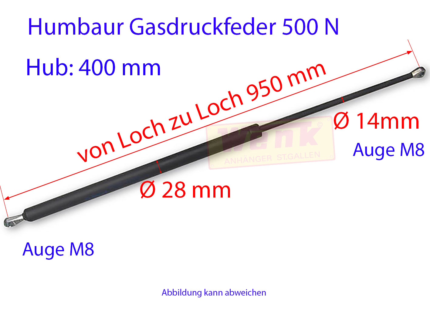 Gasfeder HUMBAUR 500N L:950mm Hub:400mm