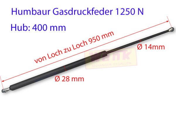 Gasfeder HUMBAUR 1250N L:950mm Hub:400mm