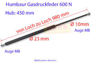 Gasfeder HUMBAUR 600N L:980mm Hub:450mm