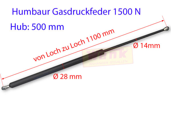 Gasfeder HUMBAUR 1500N L:1100mm Hub:500mm