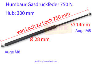 Gasfeder HUMBAUR 750N L:750mm Hub:300mm