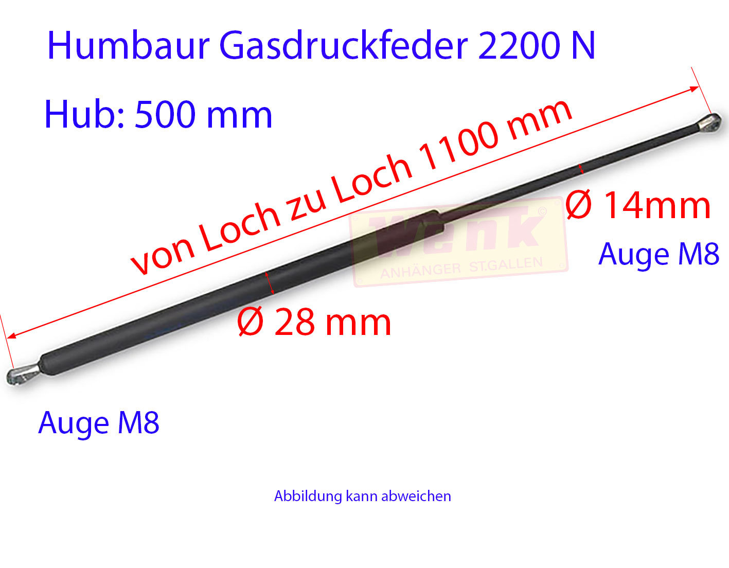 Gasfeder HUMBAUR 2200N L:1100mm Hub:500mm