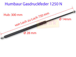 Gasfeder HUMBAUR 1250N L:750mm Hub:300mm