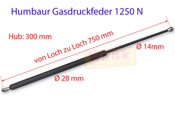 Gasfeder HUMBAUR 1250N L:750mm Hub:300mm