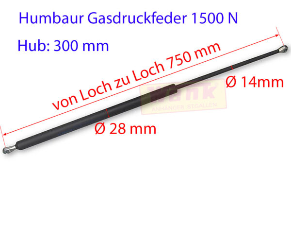 Gasfeder HUMBAUR 1500N L:750mm Hub:300mm