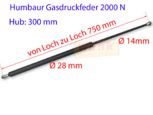 Gasfeder HUMBAUR 2000N L:750mm Hub:300mm