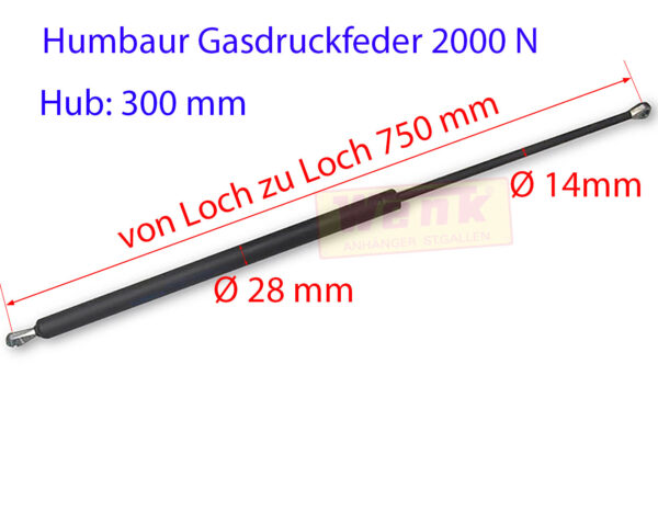 Gasfeder HUMBAUR 2000N L:750mm Hub:300mm