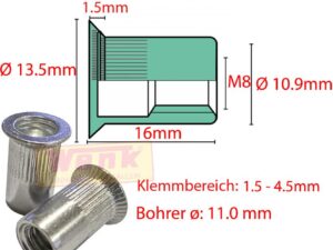 Blindnietmutter SK Alu M8 Pack/100Stk.
