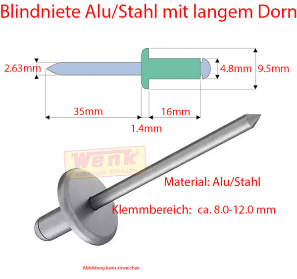 Blindniete FK Alu/Stahl 4.8x16 lange Dorn Pack/250 Stk